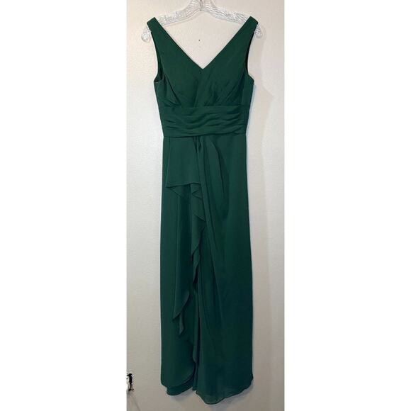 Azazie Size 4 Julianna Formal Dress Maxi A Line Pleated Waist V Neck Dark Green - Picture 3 of 14